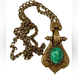 Art Nouveau Green Peking Glass Necklace & Original Chain Antique Deco